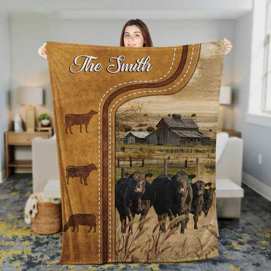 Personalized Black Angus Cattle In Field Farmhouse Blanket, Farmhouse Bedroom Blanket for Him