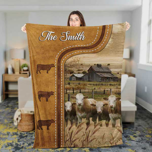 Personalized Fleckvieh Cattle In Field Farmhouse Blanket. Gift for Dad Fleece and Sherpa Blanket