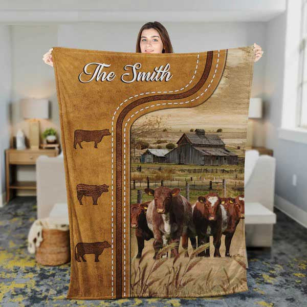 Personalized Shorthorn Cattle In Field Farmhouse Blanket, Farmhouse Fleece and Sherpa Blanket for Husband