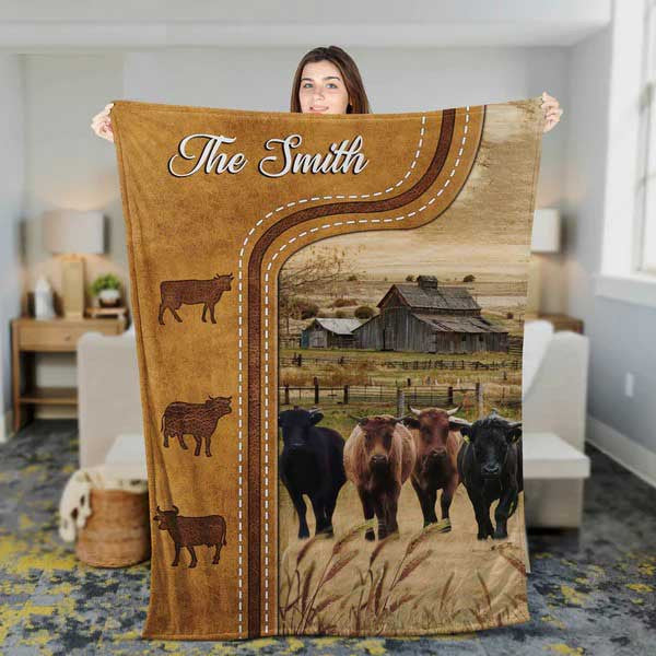 Personalized Dexter Cattle In Field Farmhouse Blanket, Farmhouse Fleece and Sherpa Blanket for Him