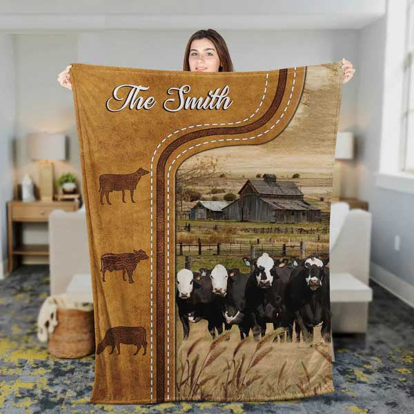 Personalized Black Baldy Cattle In Field Farmhouse Blanket, Farmhouse Fleece and Sherpa Blanket for Her