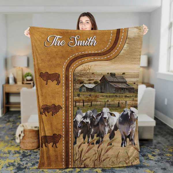 Personalized Brahman Cattle In Field Farmhouse Blanket, Farmhouse Fleece Blanket for Brahman Cattle Lovers