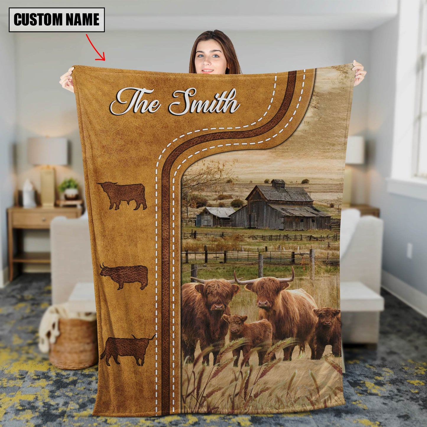 Dilypod Personalized Highland Cattle In Field Farmhouse Blanket