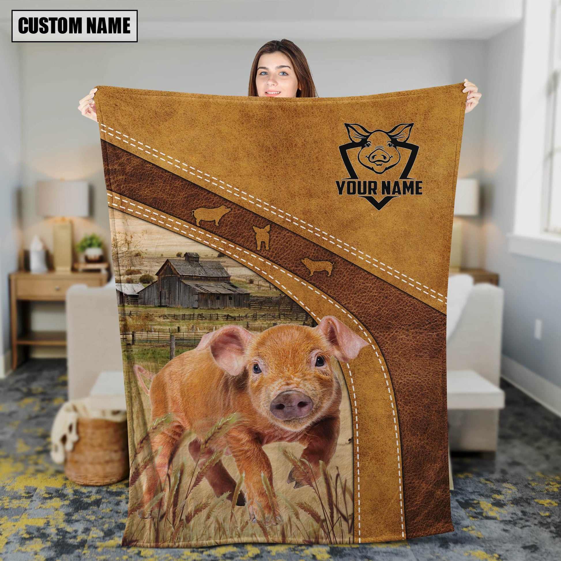 Customized Name Pig Brown Leather Background Farmhouse Fleece and Sherpa Blanket for Men, Women