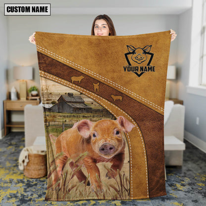 Customized Name Pig Brown Leather Background Farmhouse Fleece and Sherpa Blanket for Men, Women