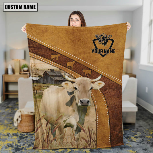 Dilypod Braunvieh Leather Background Farmhouse Fleece and Sherpa Blanket