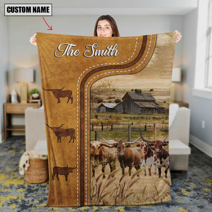 Dilypod Personalized Texas Longhorn Cattle In Field Farmhouse Blanket