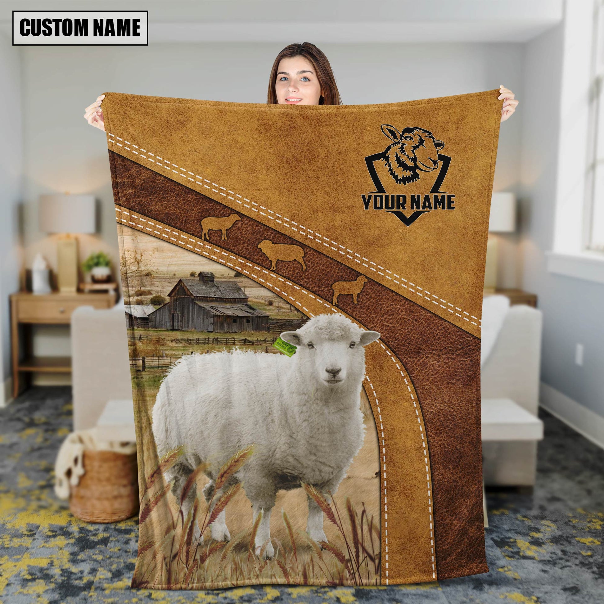 Dilypod Sheep Leather Background Farmhouse Fleece and Sherpa Blanket