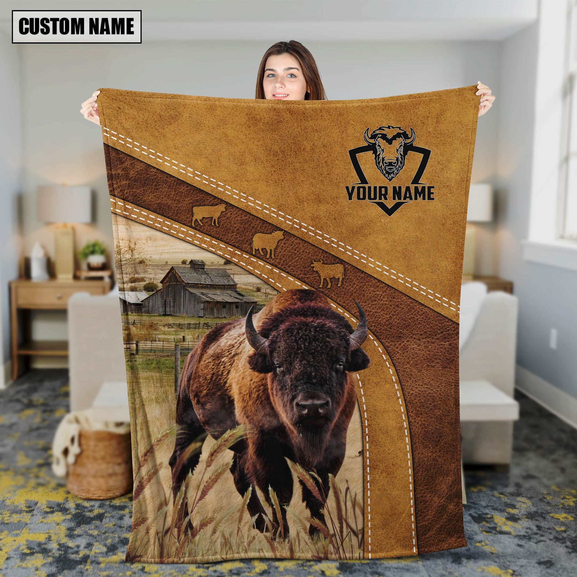 Dilypod Customized Name Bison Leather Background Farmhouse Fleece and Sherpa Blanket