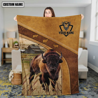 Dilypod Customized Name Bison Leather Background Farmhouse Fleece and Sherpa Blanket