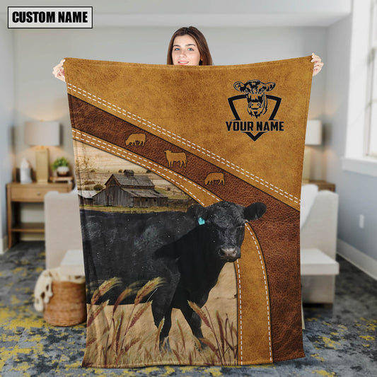 Dilypod Customized Name Lowline Angus Leather Background Farmhouse Fleece and Sherpa Blanket