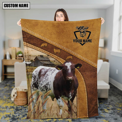 Dilypod Customized Name Shorthorn Leather Background Farmhouse Fleece and Sherpa Blanket