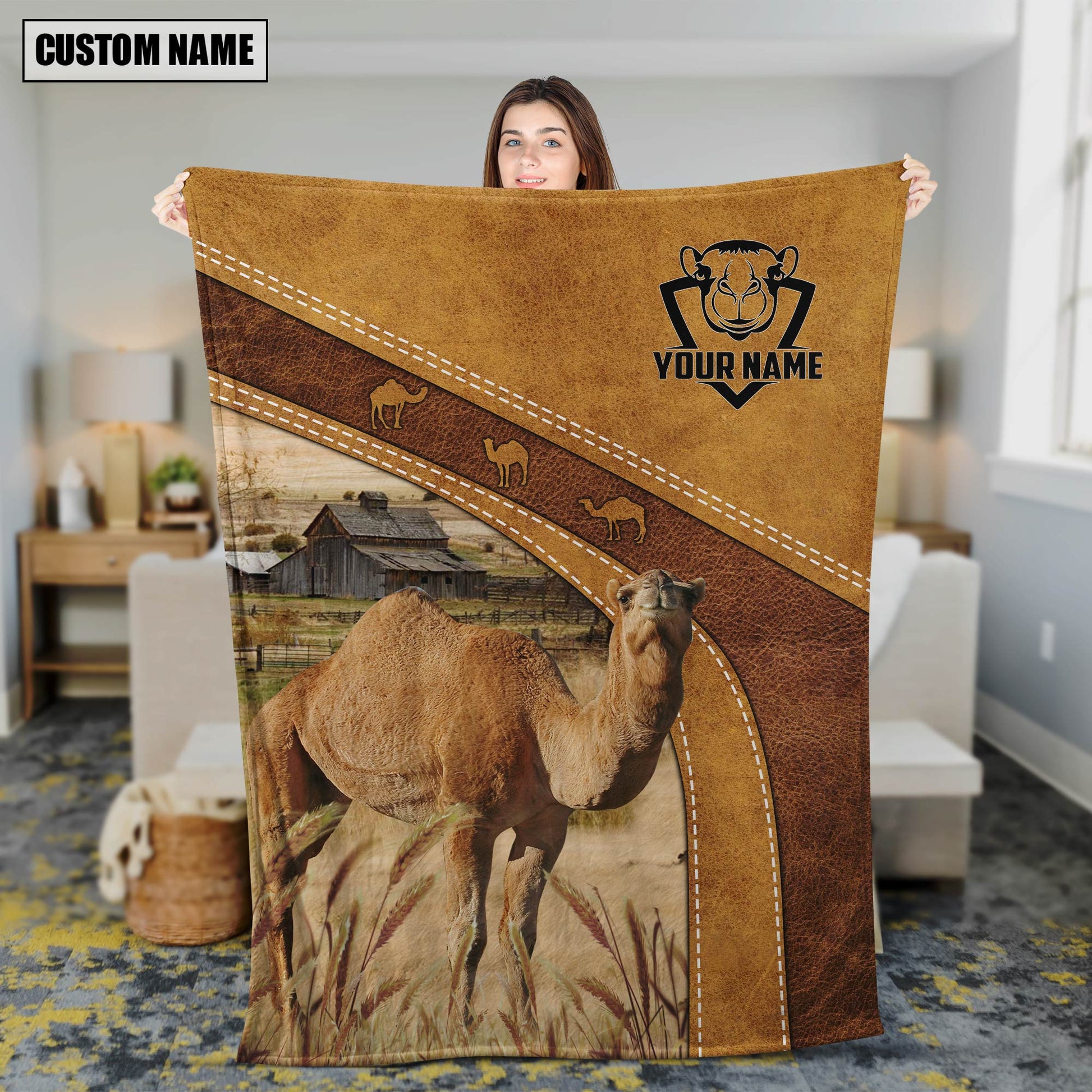 Dilypod Camels Leather Background Farmhouse Fleece and Sherpa Blanket