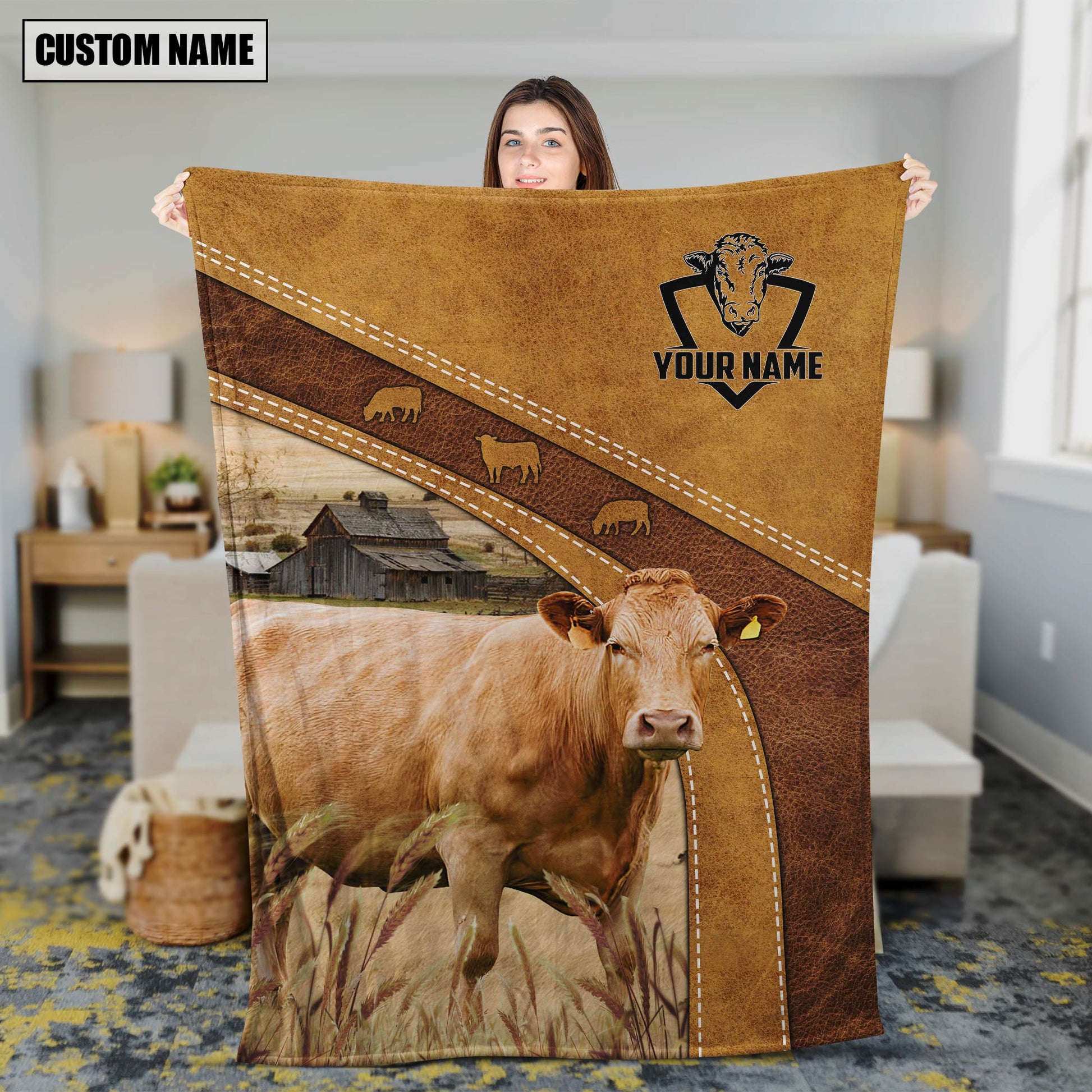 Dilypod Personalized Limousin Cattle In Field Farmhouse Blanket