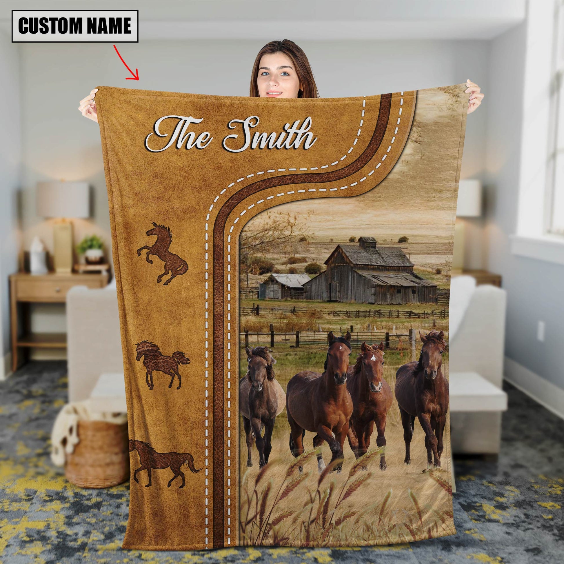 Dilypod Personalized Horse In Field Farmhouse Blanket