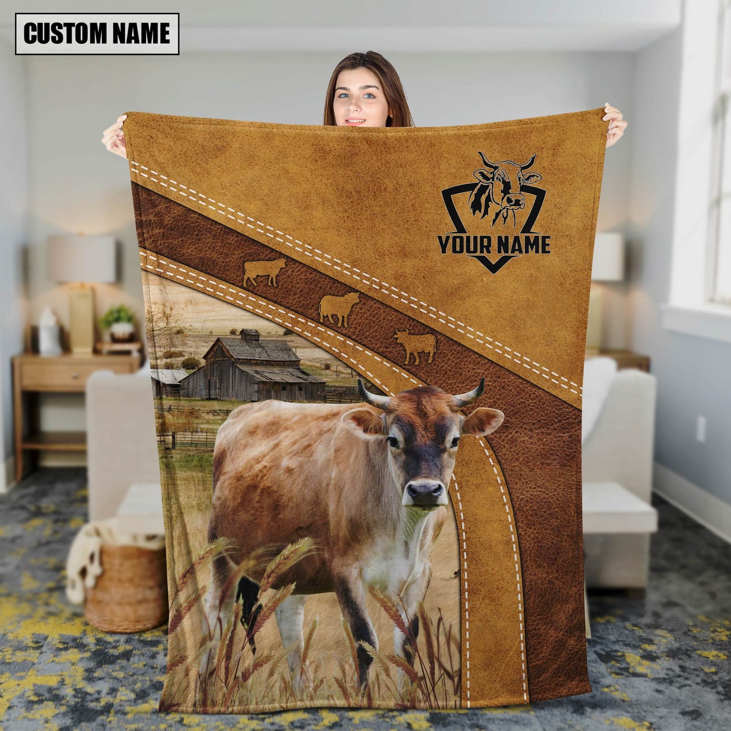 Dilypod Personalized Brown Swiss Cattle In Field Farmhouse Blanket