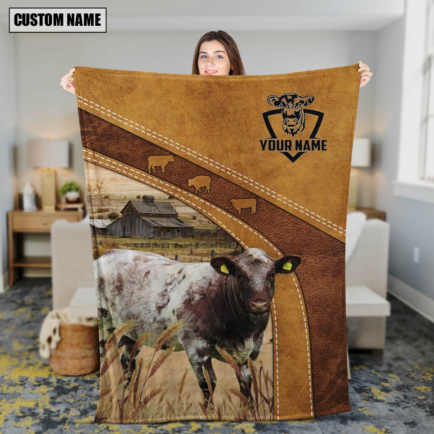 Personalized Shorthorn Cattle In Field Farmhouse Blanket, Farmhouse Fleece and Sherpa Blanket for Husband