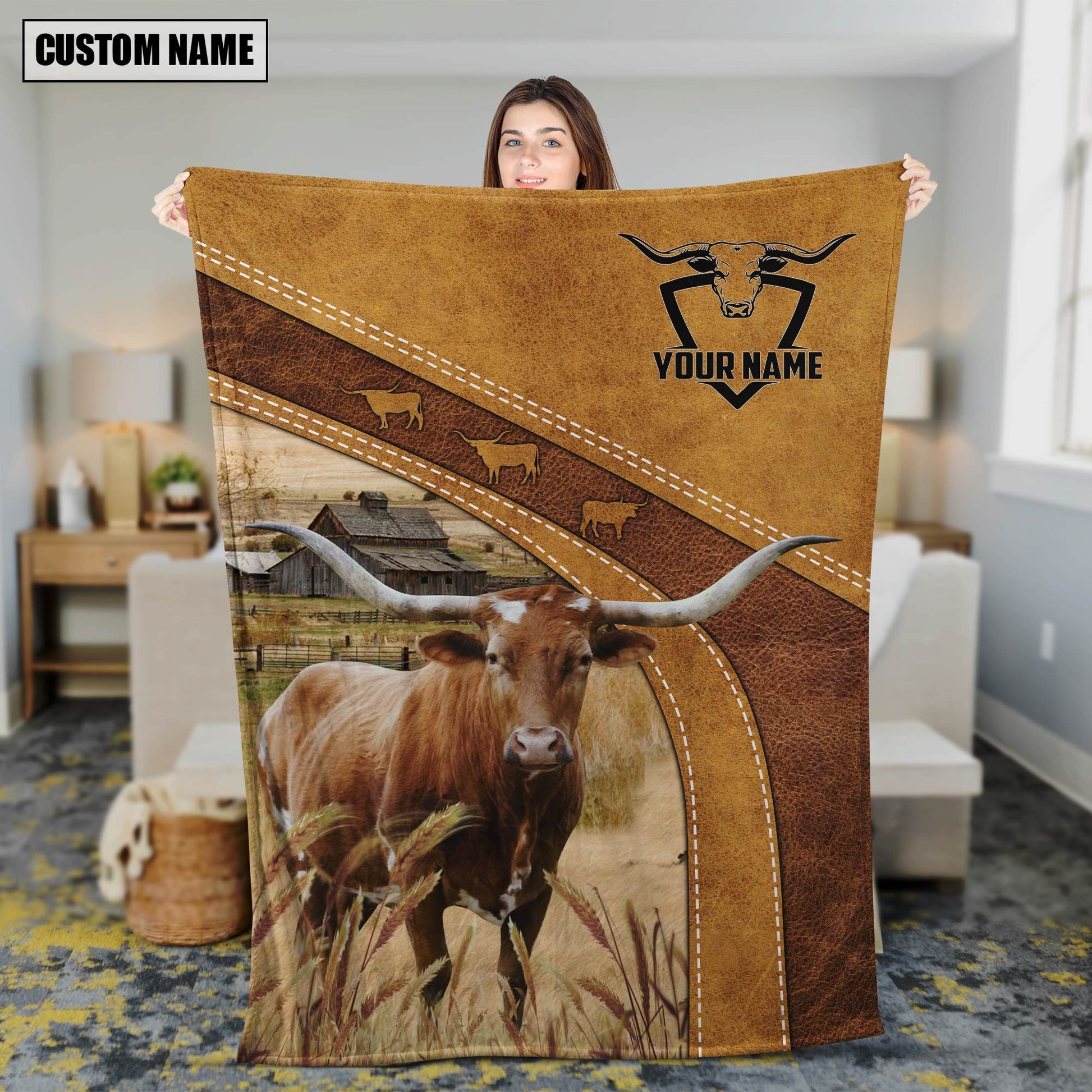 Dilypod Customized Texas Longhorn Farmhouse Blanket for Texas Longhorn Lovers