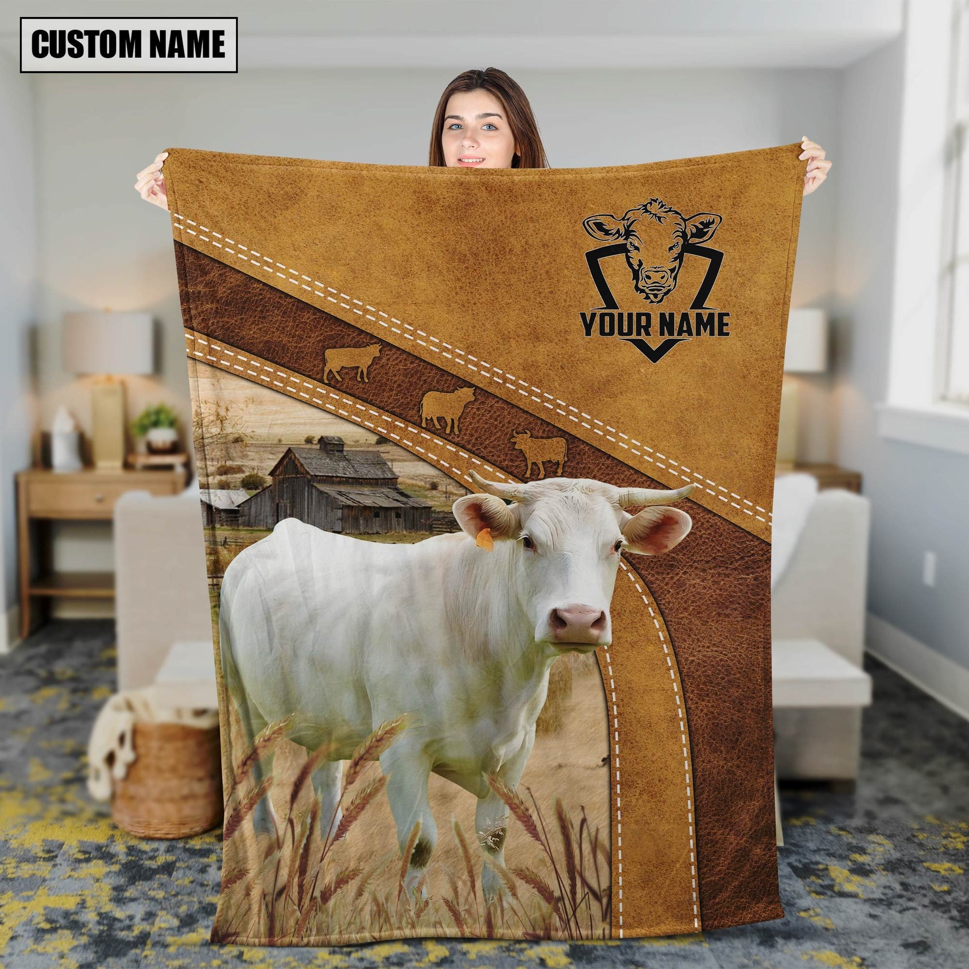 Personalized Name Charolais American Flag Vintage Blanket for Farmers, Farmhouse Blanket for Husband