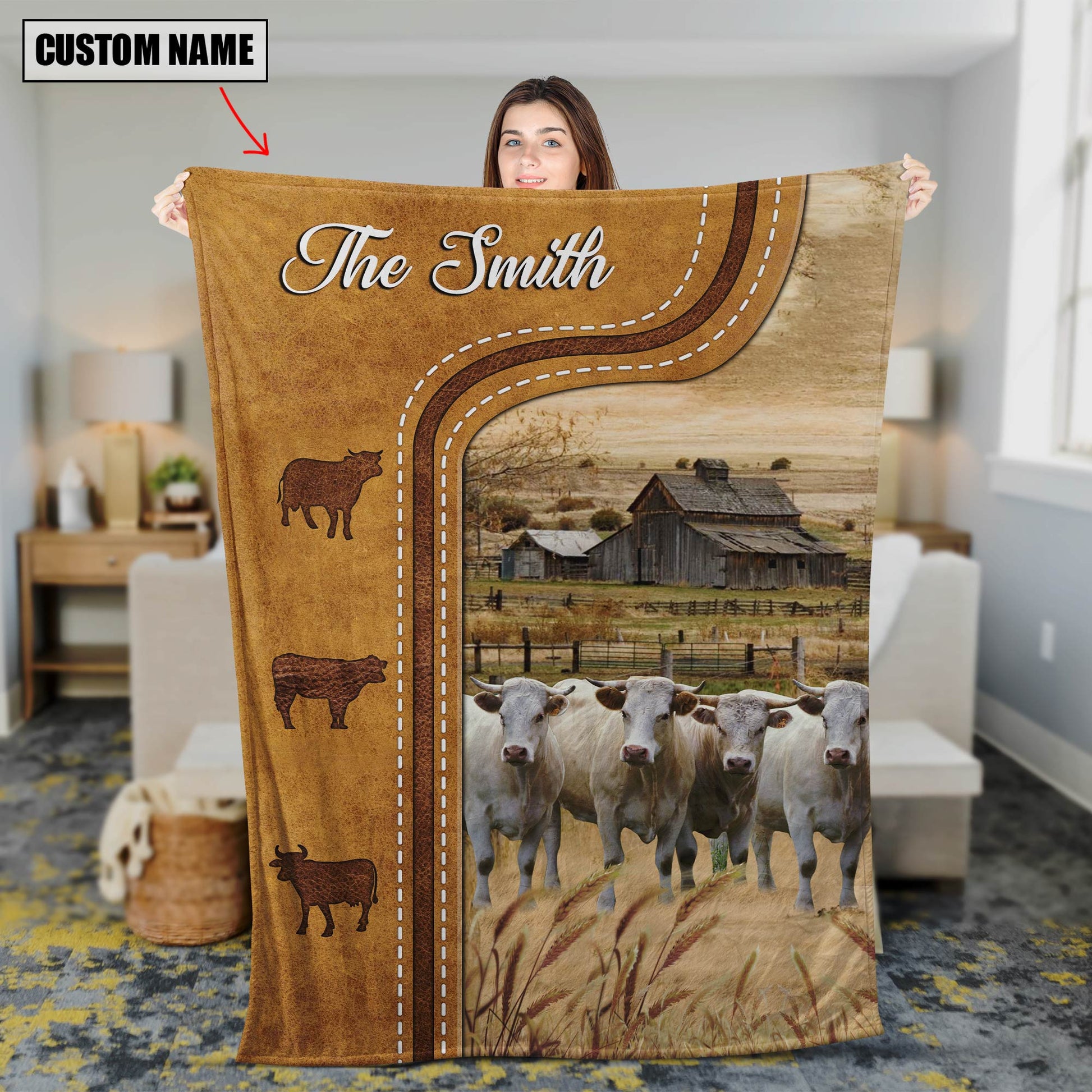 Dilypod Personalized Charolais Cattle In Field Farmhouse Blanket