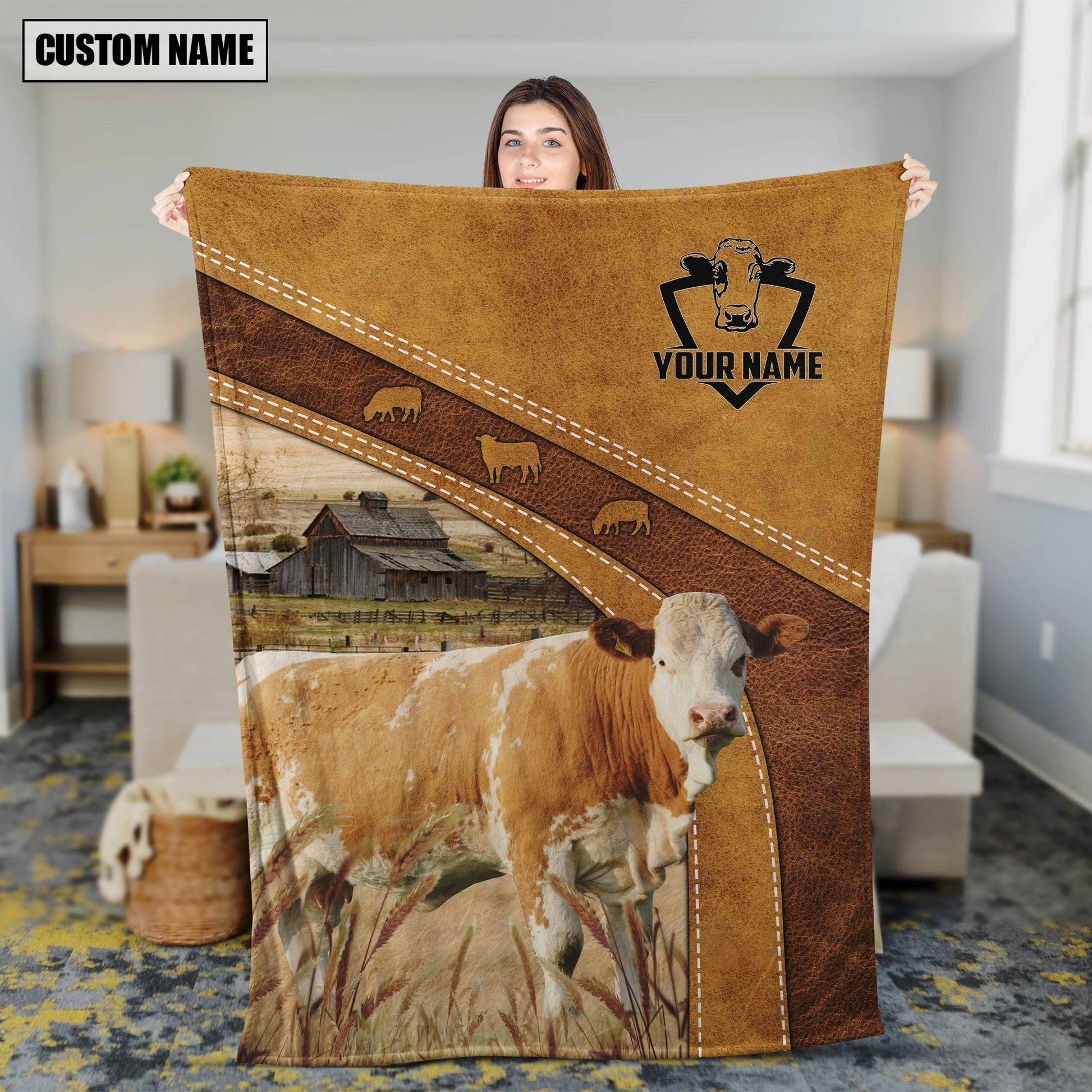 Dilypod Personalized Fleckvieh Cattle In Field Farmhouse Blanket