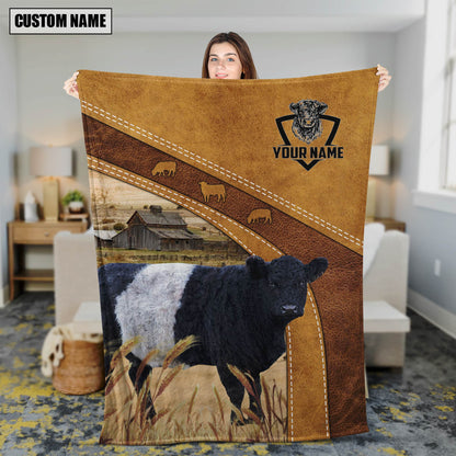 Dilypod Customized Name Belted Galloway Cattle In Field Farmhouse Blanket