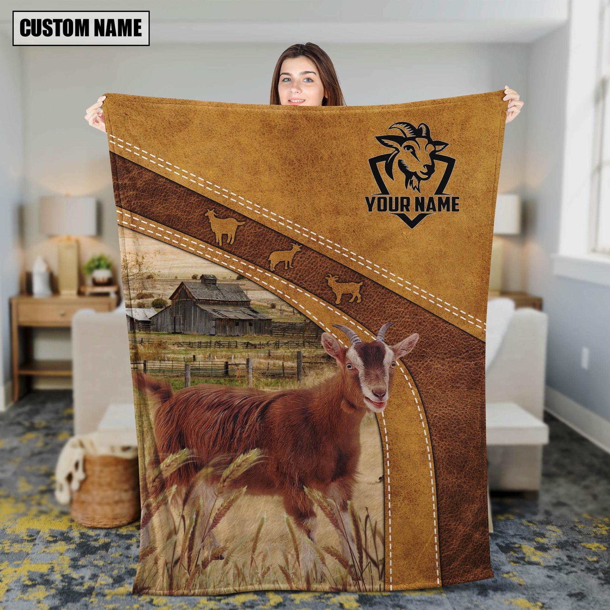 Personalized Name Goat Us Flag Vintage Blanket, Gift for Dad Goat Farmhouse Blanket Fleece Sherpa