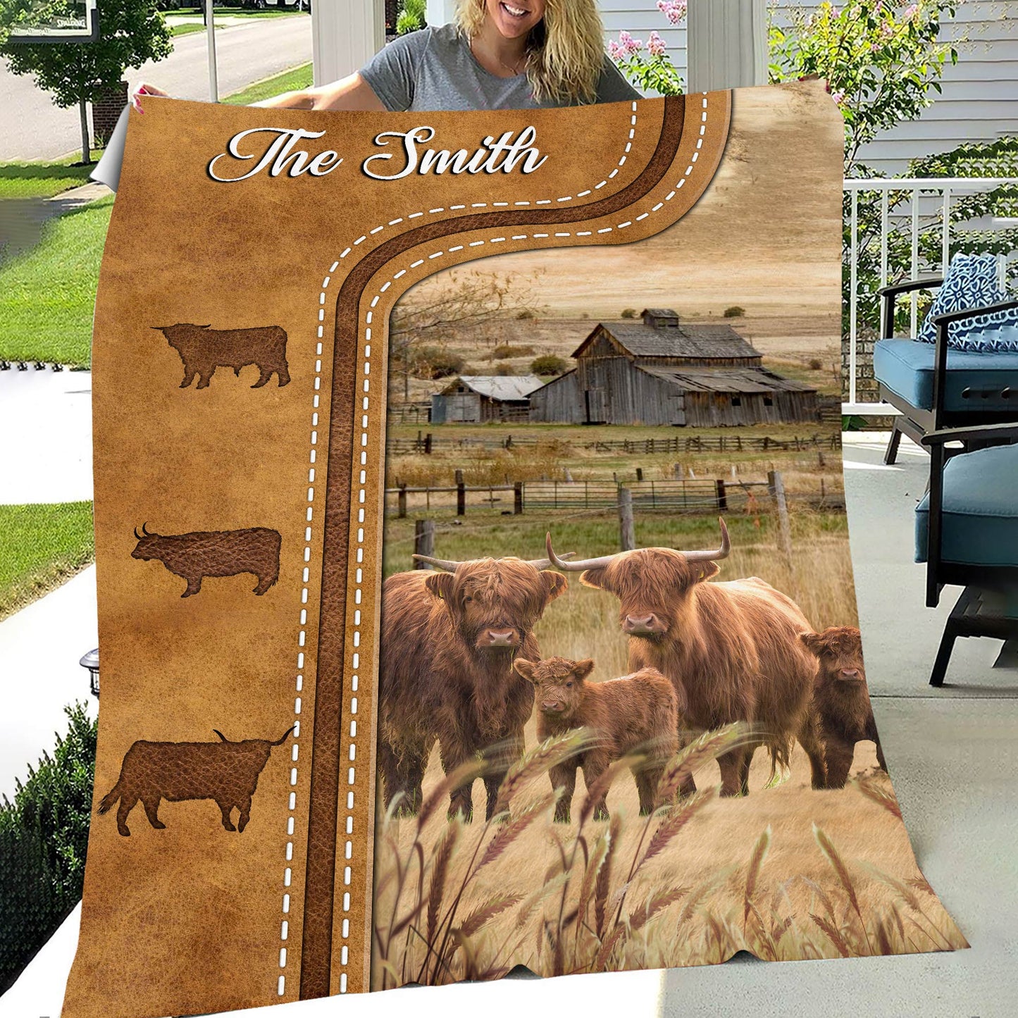 Dilypod Personalized Highland Cattle In Field Farmhouse Blanket