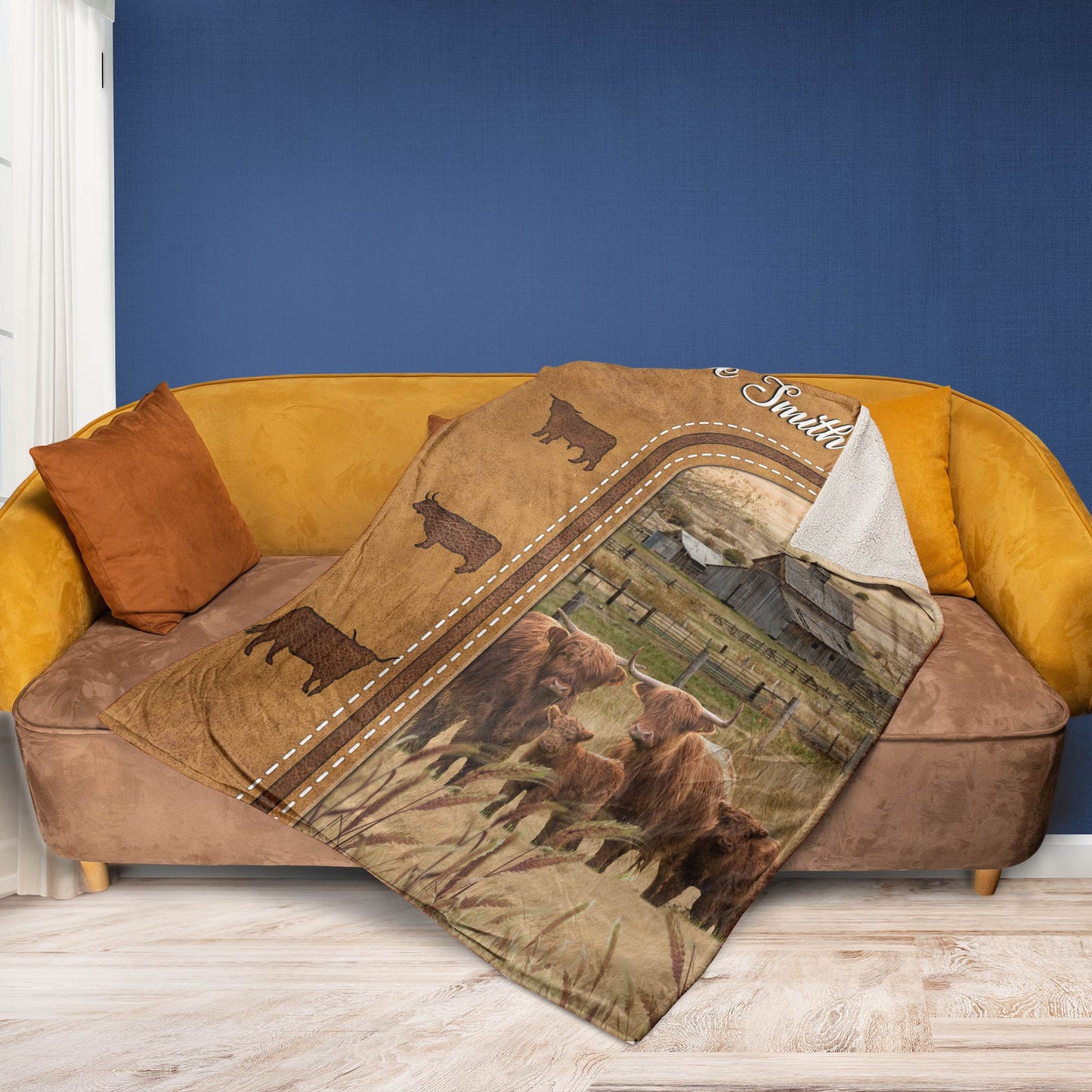 Dilypod Personalized Highland Cattle In Field Farmhouse Blanket