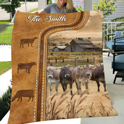 Dilypod Personalized Brown Swiss Cattle In Field Farmhouse Blanket