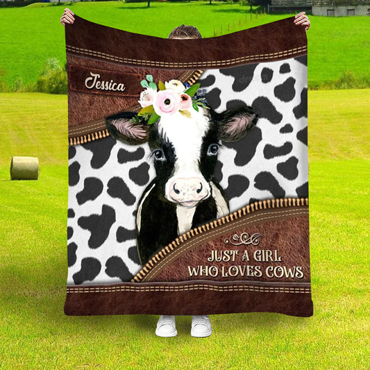 Personalized Just a Girl Who Loves Cows Leather Farmhouse Blanket, Cow Lover Farmhouse Blanket for Him