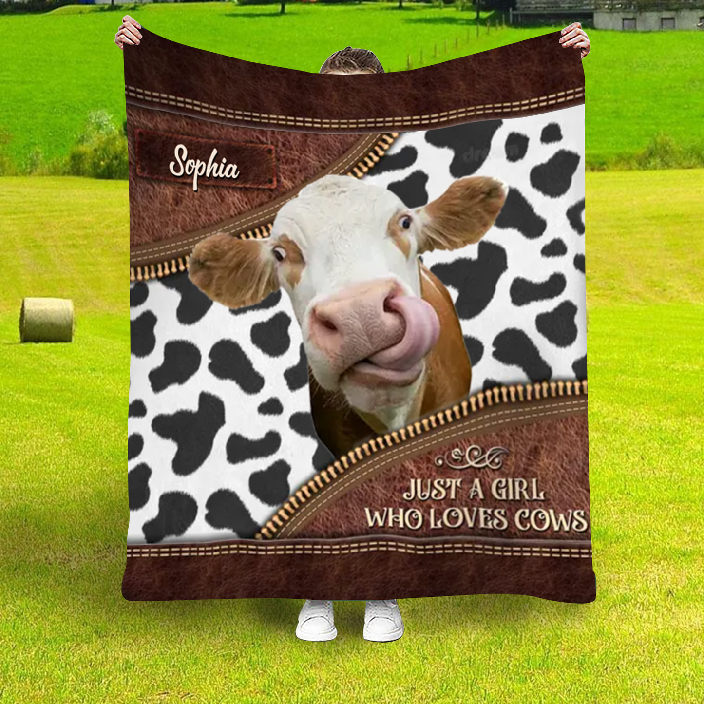 Personalized Just a Girl Who Loves Cows Leather Farmhouse Blanket, Cow Lover Farmhouse Blanket for Him