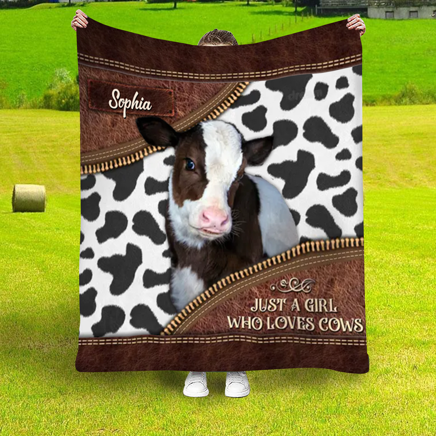 Personalized Just a Girl Who Loves Cows Leather Farmhouse Blanket, Cow Lover Farmhouse Blanket for Him