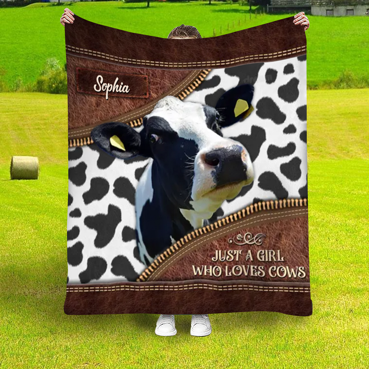 Personalized Just a Girl Who Loves Cows Leather Farmhouse Blanket, Cow Lover Farmhouse Blanket for Him