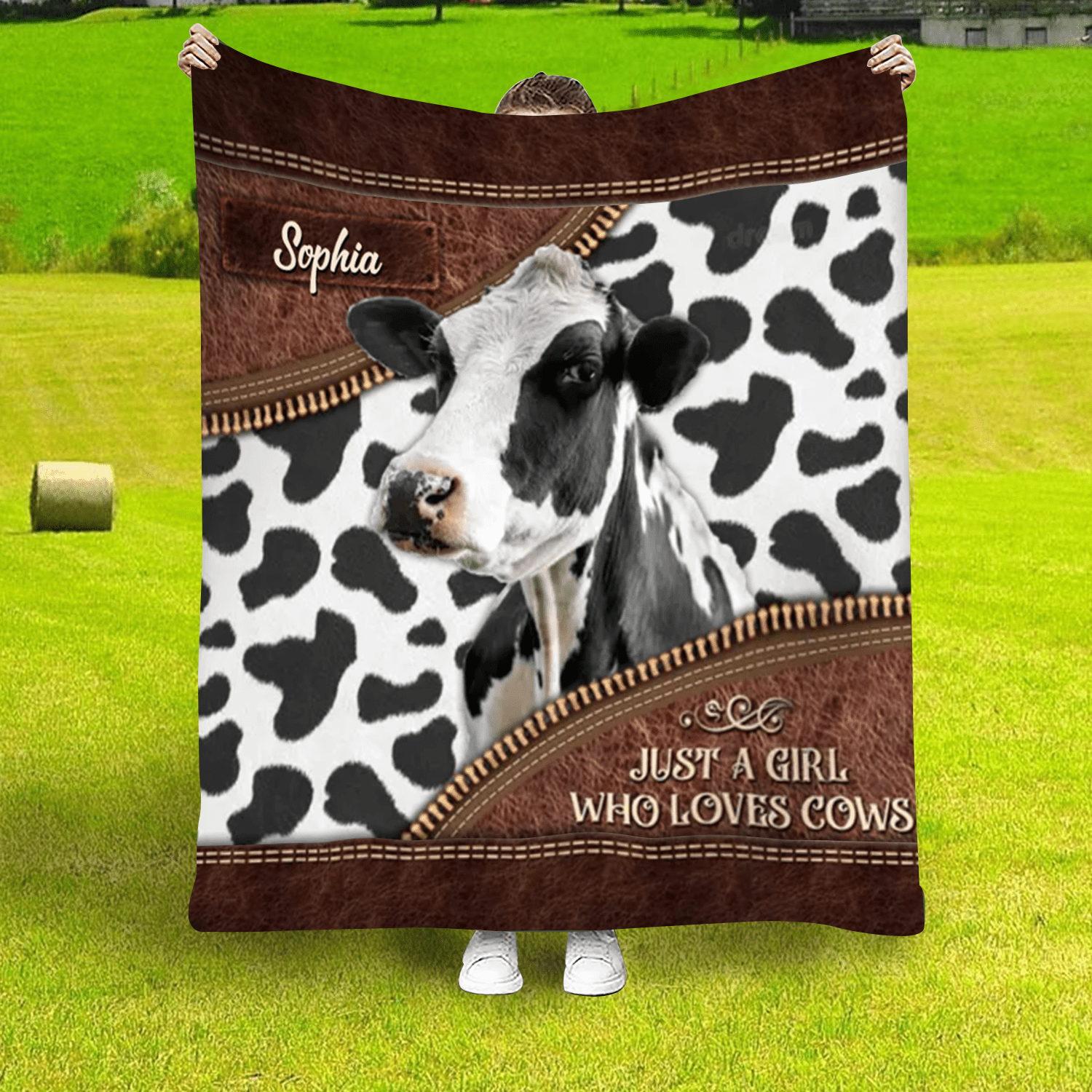 Personalized Just a Girl Who Loves Cows Leather Farmhouse Blanket, Cow Lover Farmhouse Blanket for Him