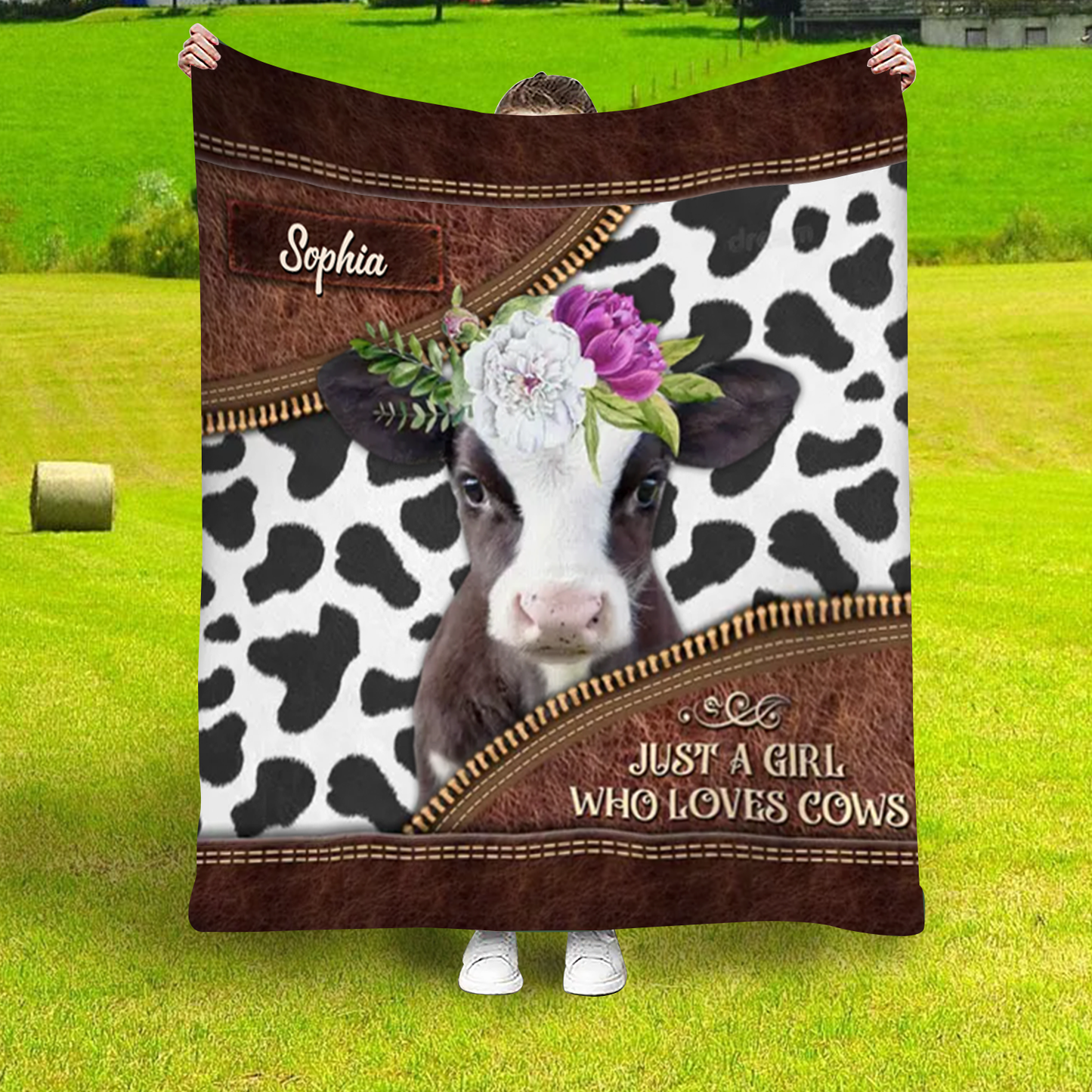 Personalized Just a Girl Who Loves Cows Leather Farmhouse Blanket, Cow Lover Farmhouse Blanket for Him