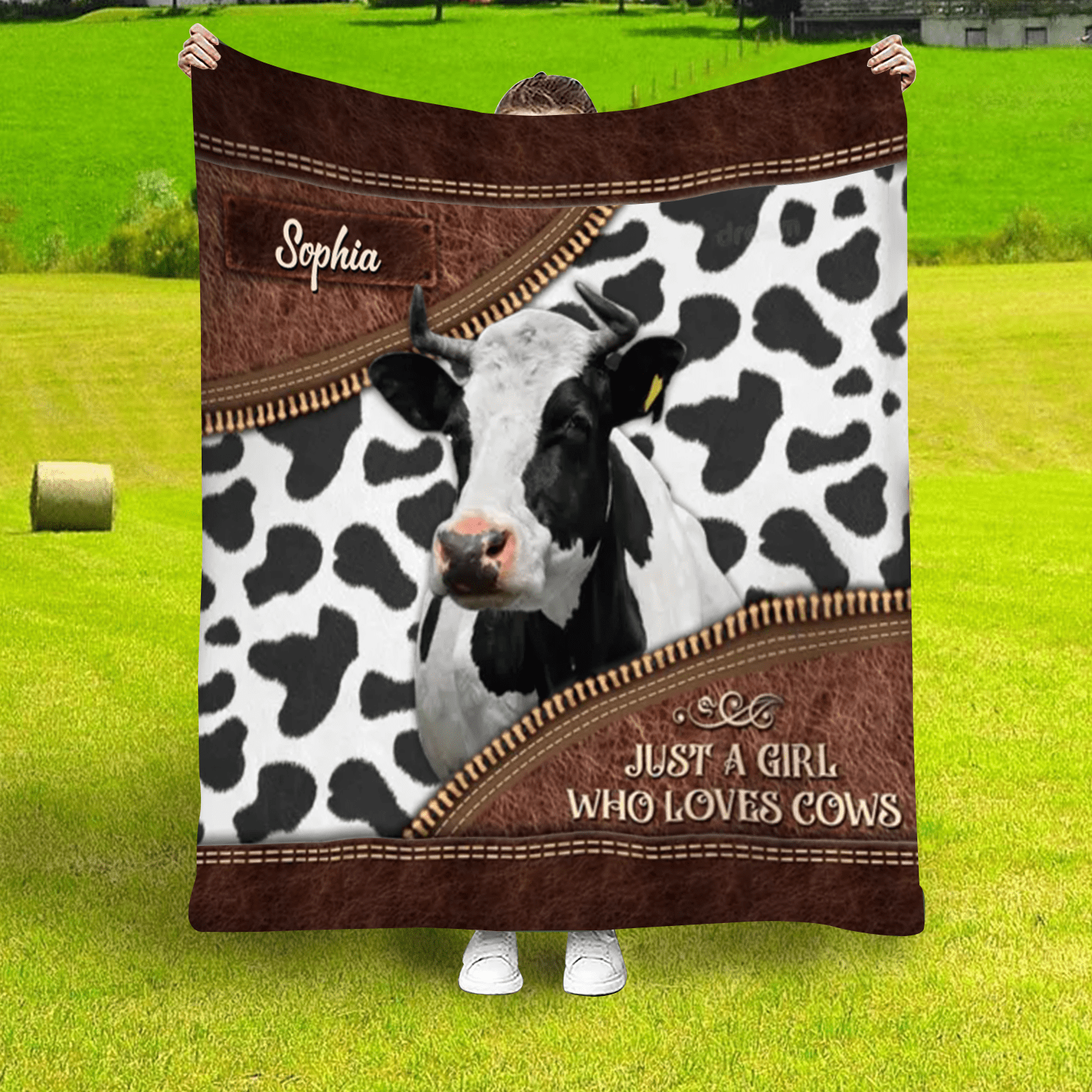 Personalized Just a Girl Who Loves Cows Leather Farmhouse Blanket, Cow Lover Farmhouse Blanket for Him