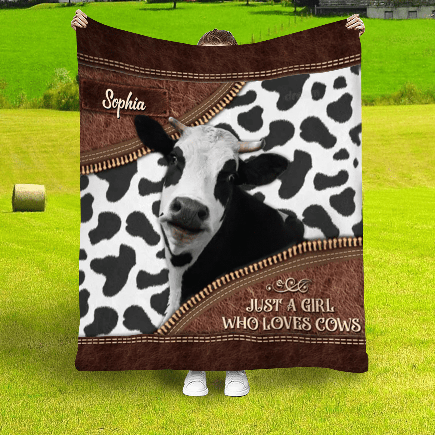 Personalized Just a Girl Who Loves Cows Leather Farmhouse Blanket, Cow Lover Farmhouse Blanket for Him