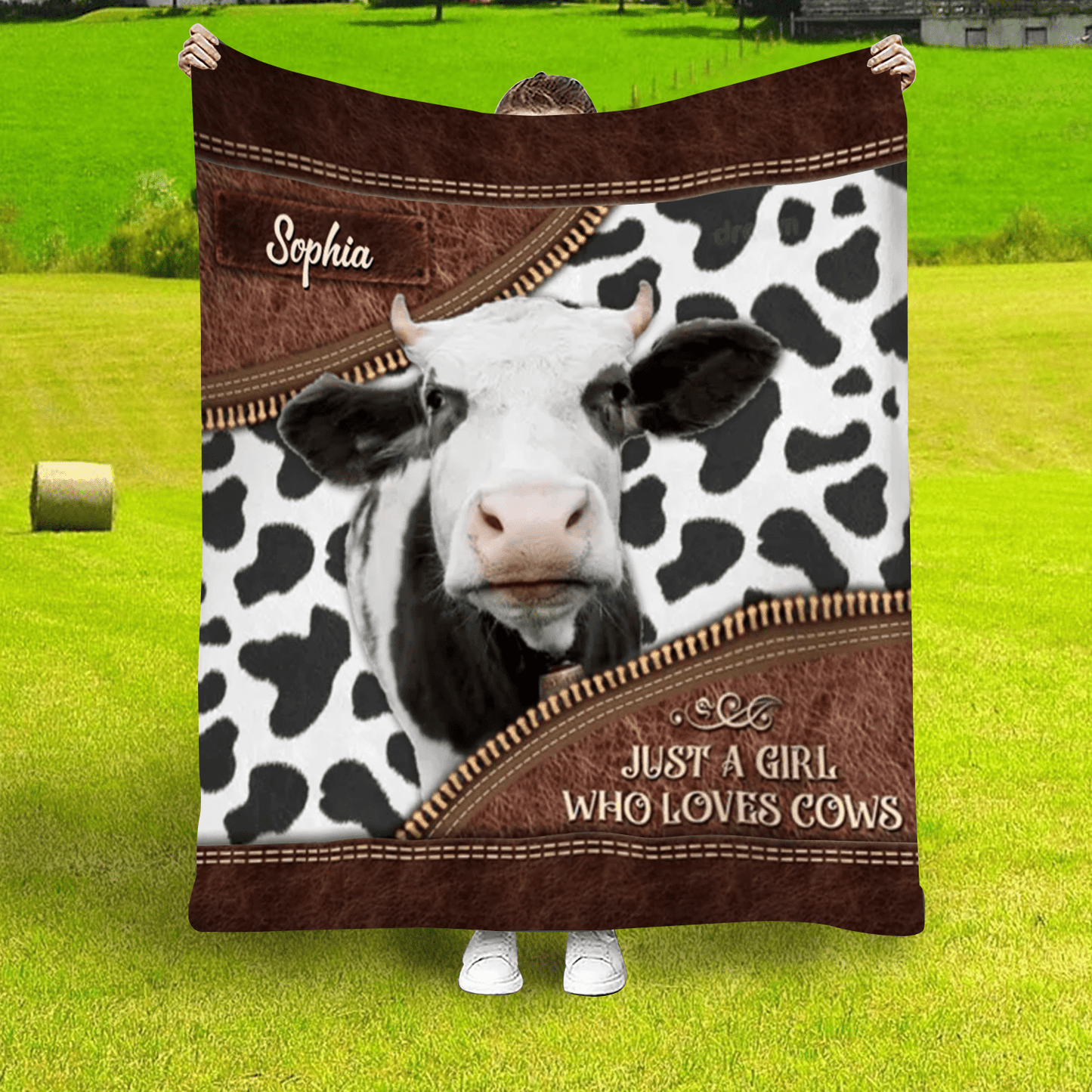 Personalized Just a Girl Who Loves Cows Leather Farmhouse Blanket, Cow Lover Farmhouse Blanket for Him