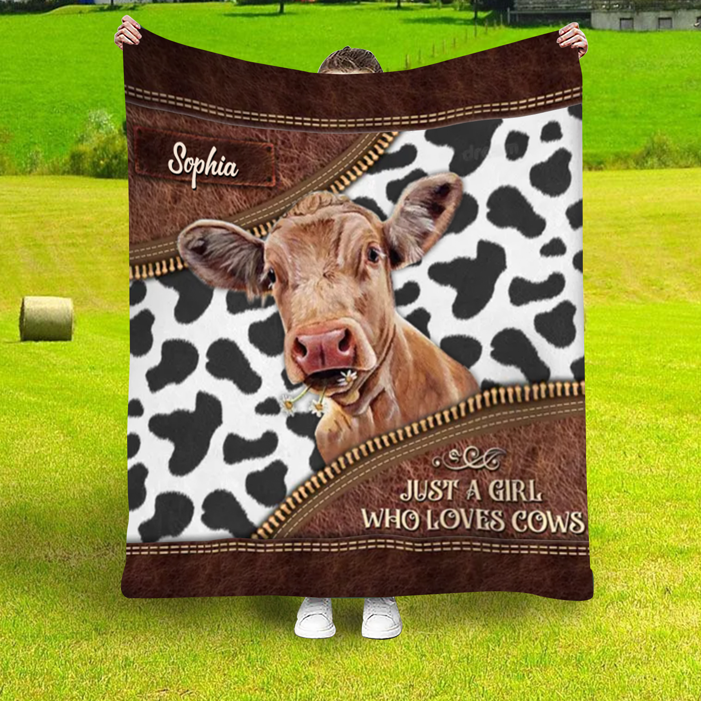 Personalized Just a Girl Who Loves Cows Leather Farmhouse Blanket, Cow Lover Farmhouse Blanket for Him