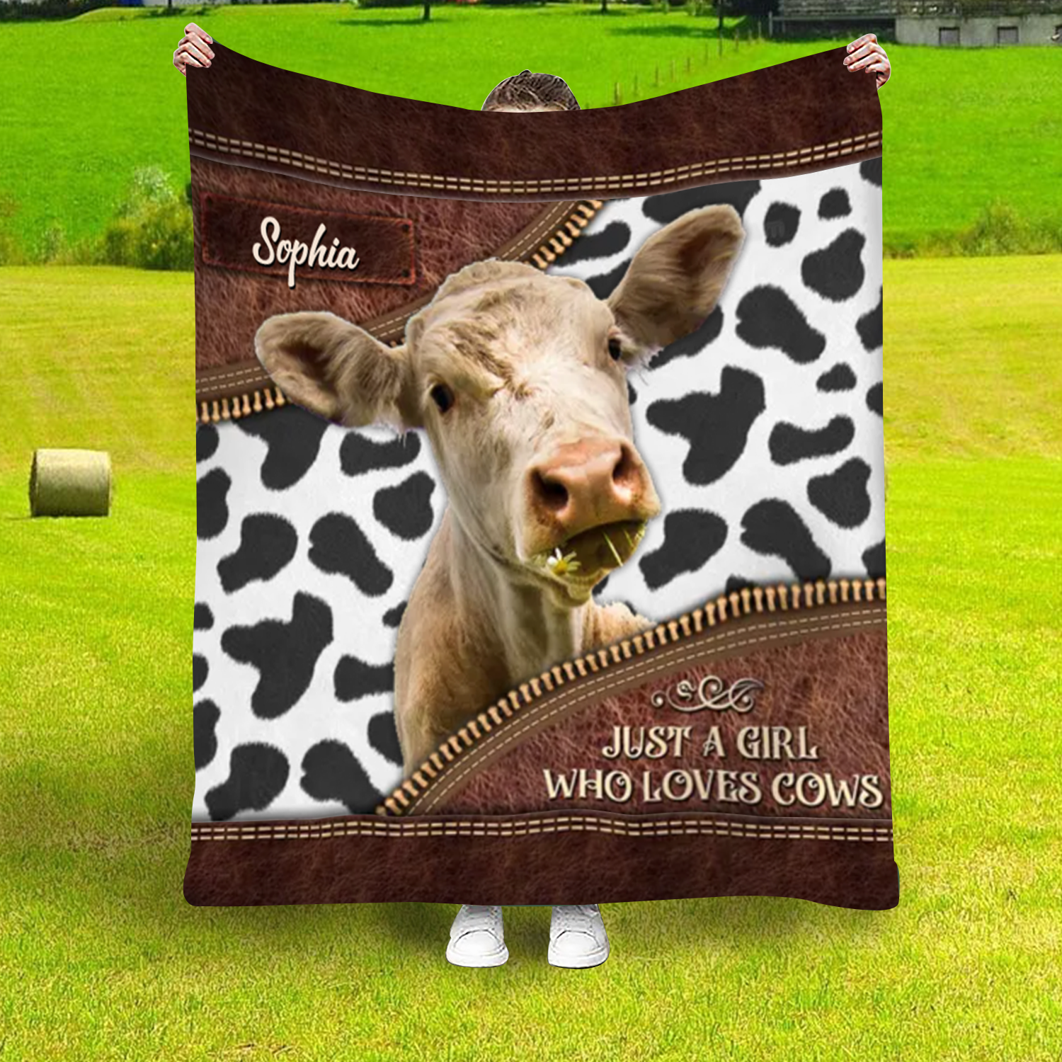 Personalized Just a Girl Who Loves Cows Leather Farmhouse Blanket, Cow Lover Farmhouse Blanket for Him