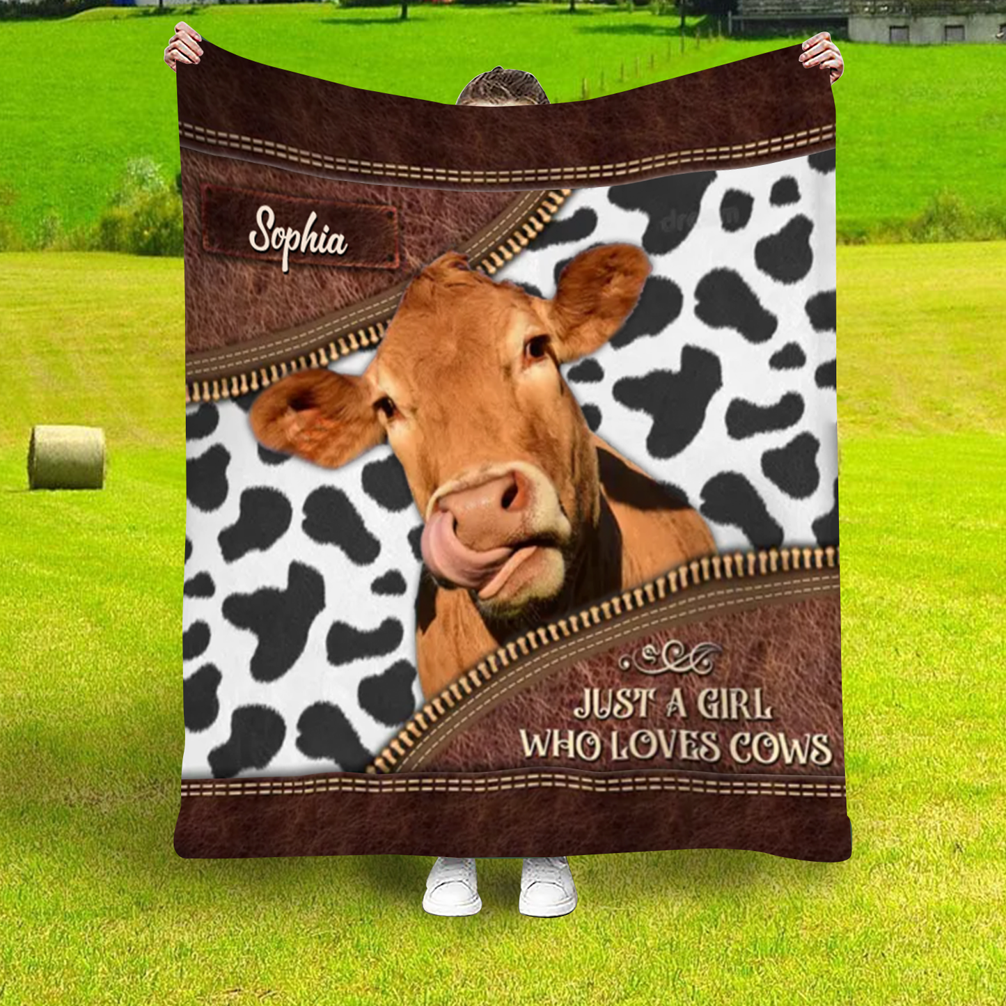 Personalized Just a Girl Who Loves Cows Leather Farmhouse Blanket, Cow Lover Farmhouse Blanket for Him