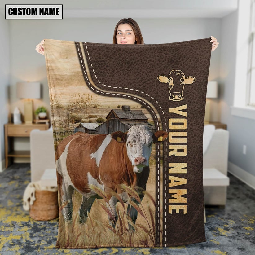 Dilypod Personalized Fleckvieh Cattle In Field Farmhouse Blanket