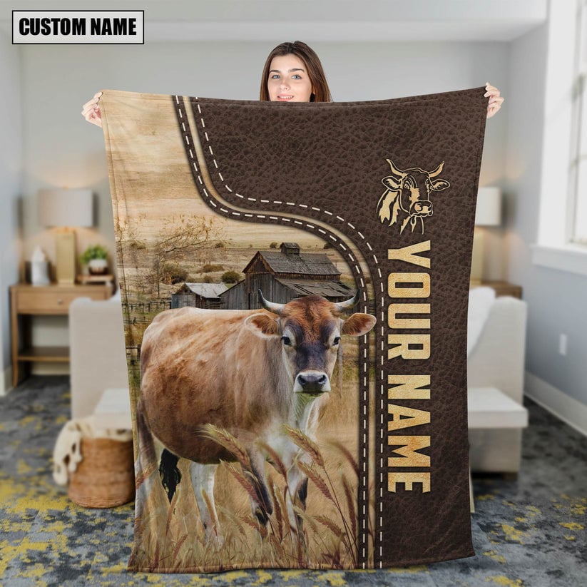 Dilypod Personalized Brown Swiss Cattle In Field Farmhouse Blanket