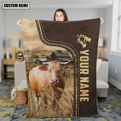 Personalized Gelbvieh Farmhouse Fleece and Sherpa Blanket for Him, Her, Gelbvieh Throw Blanket