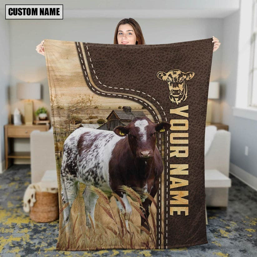 Personalized Shorthorn Cattle In Field Farmhouse Blanket, Farmhouse Fleece and Sherpa Blanket for Husband