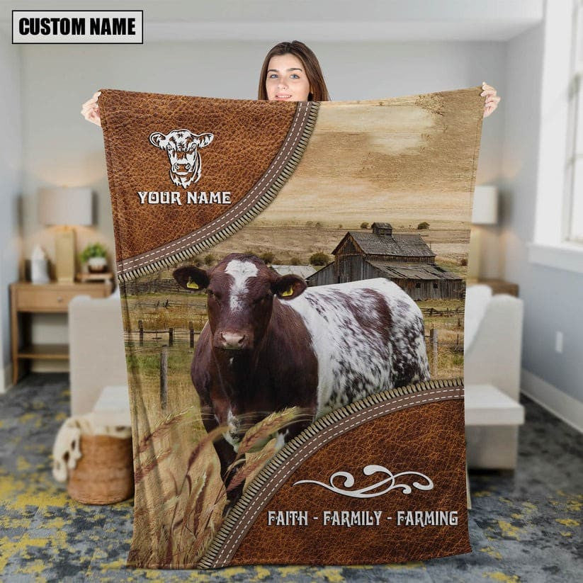 Personalized Shorthorn Cattle In Field Farmhouse Blanket, Farmhouse Fleece and Sherpa Blanket for Husband