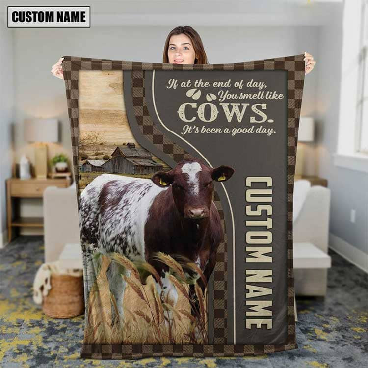 Personalized Shorthorn Cattle In Field Farmhouse Blanket, Farmhouse Fleece and Sherpa Blanket for Husband