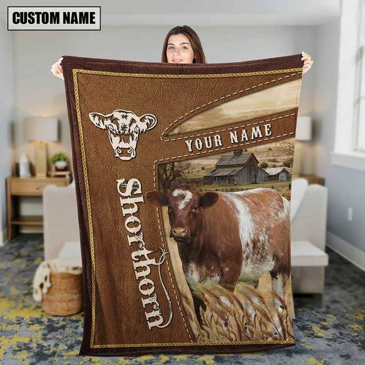 Personalized Shorthorn Cattle In Field Farmhouse Blanket, Farmhouse Fleece and Sherpa Blanket for Husband