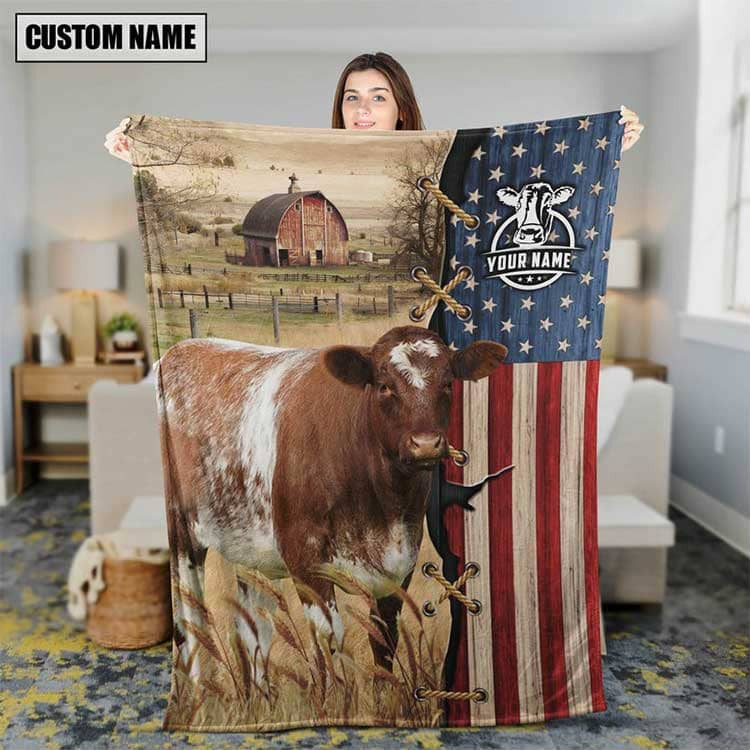 Personalized Shorthorn Cattle In Field Farmhouse Blanket, Farmhouse Fleece and Sherpa Blanket for Husband